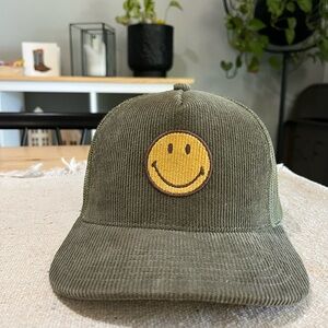 American Eagle Outfitters Olive Corduroy Cap with Smiley Face